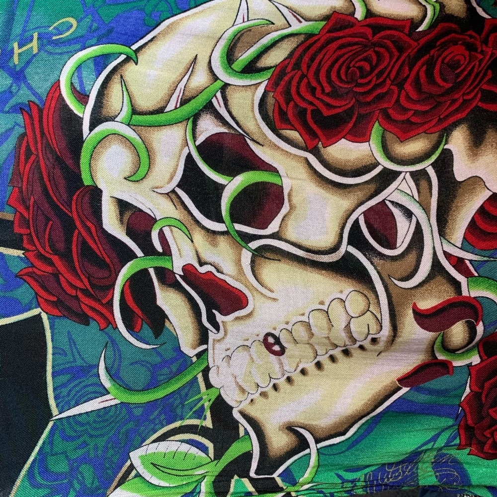 Christian Audigier Skull and Roses Scarf - Red, Green, Blue